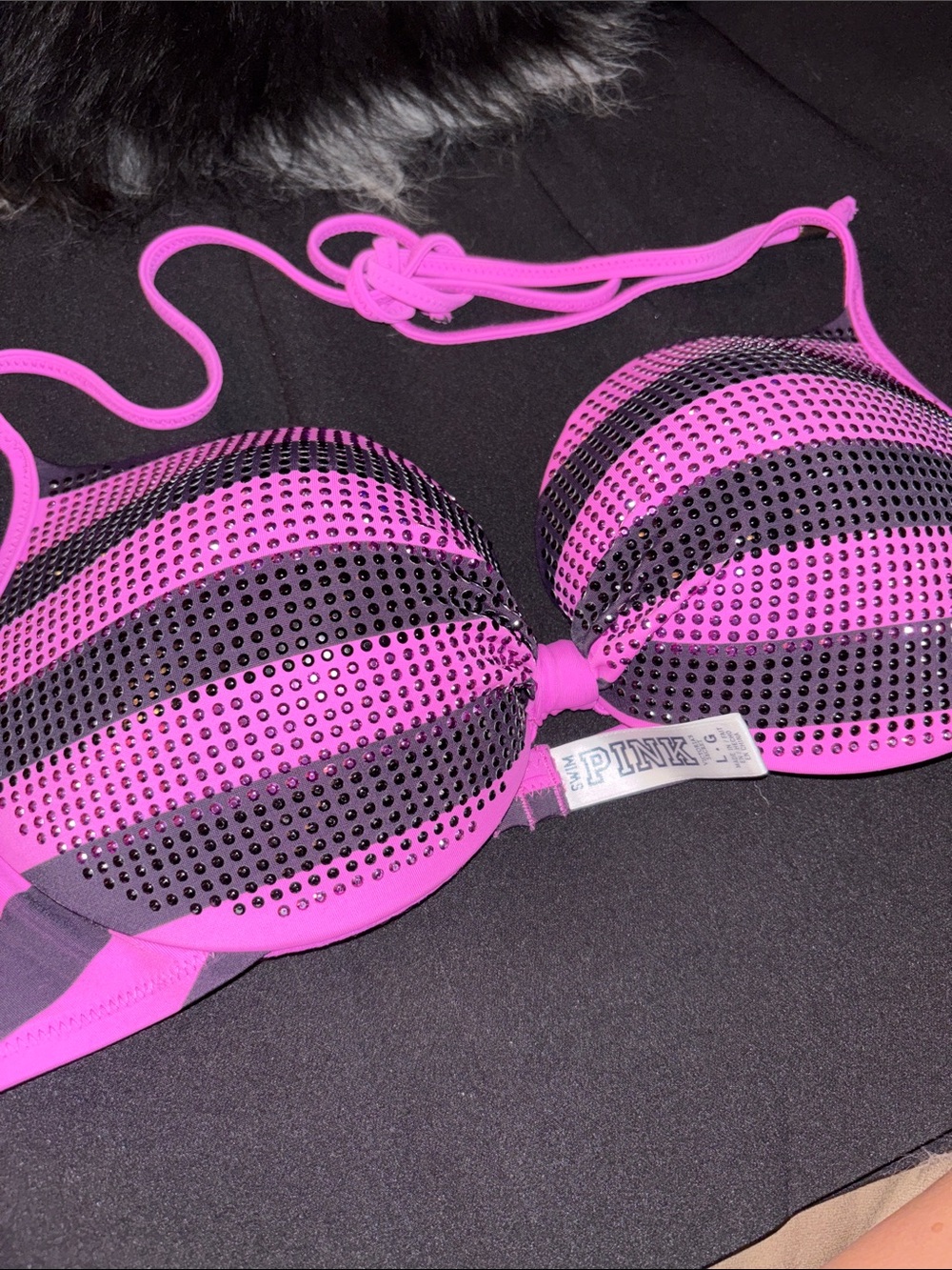 PINK Victoria's Secret 2011 Hot Pink and Black Sequin Bikini Top